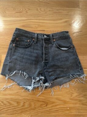 Levi’s 501 Original High Rise Cut Off Denim Shorts Gray Black Distressed Women’s